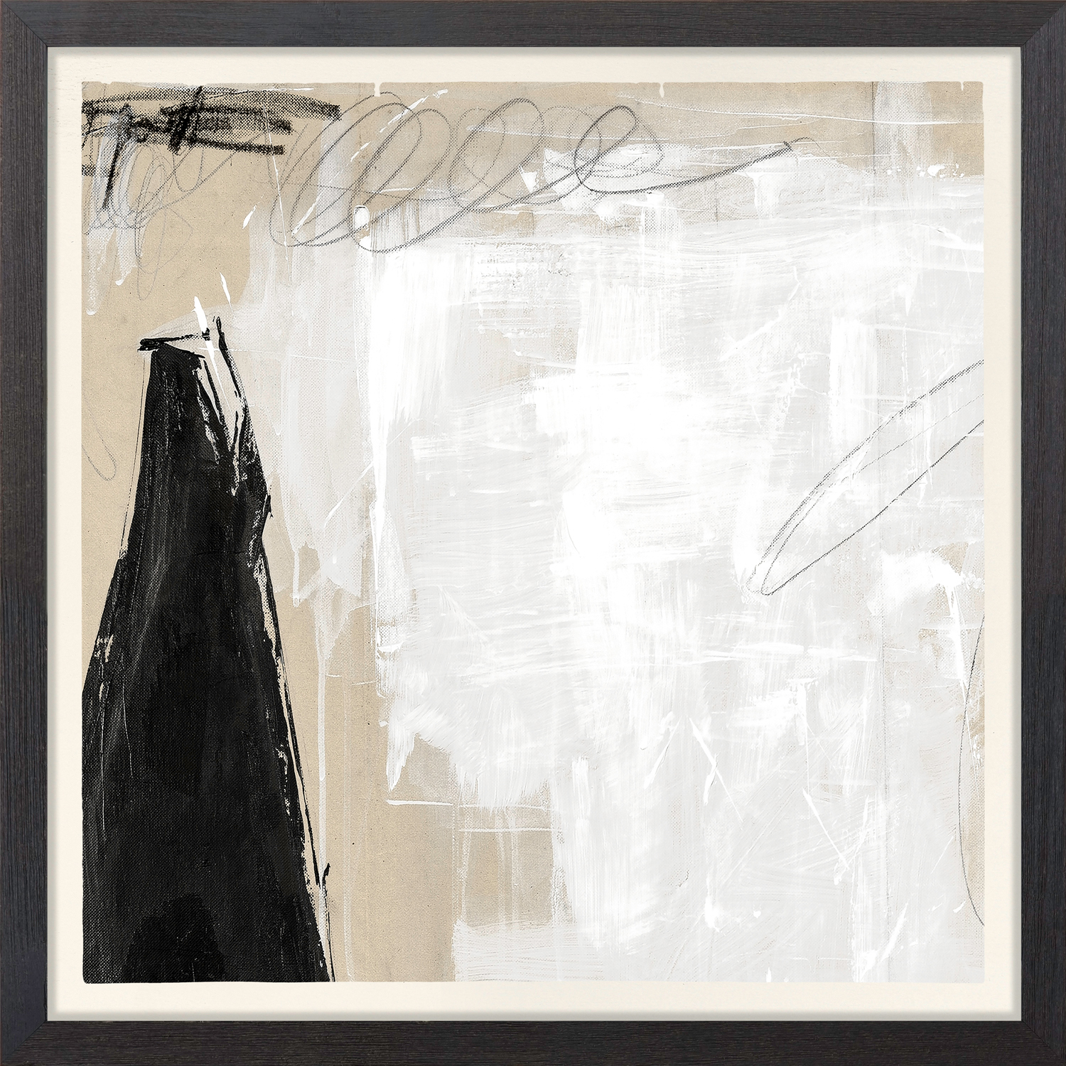 Framed abstract painting with expressive gestures in black and white on a beige background.