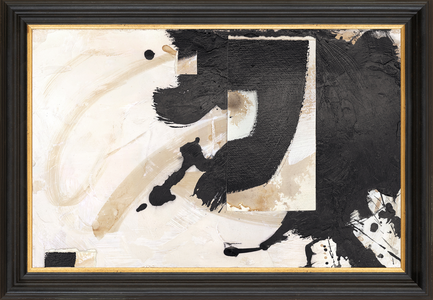 Framed abstract painting featuring black, browns, and creams with expressive movements.