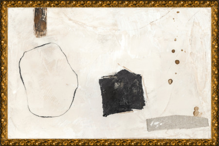 Framed abstract painting featuring black, browns, and creams with expressive movements.