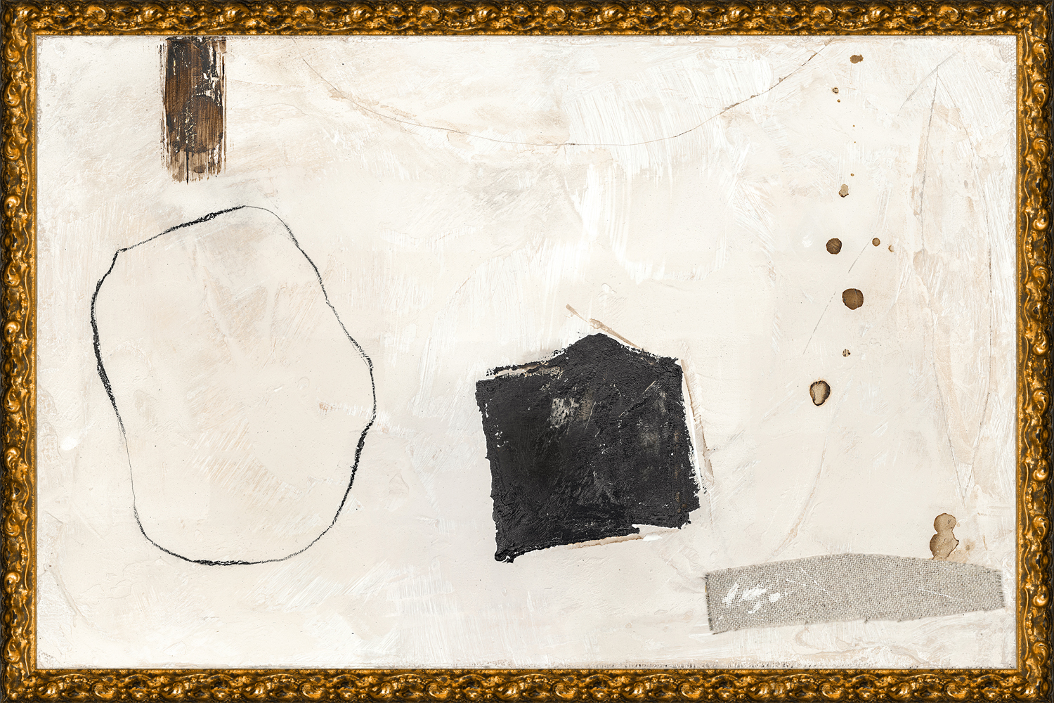 Framed abstract painting featuring black, browns, and creams with expressive movements.