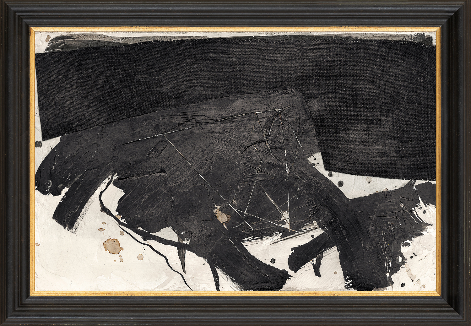 Framed abstract painting featuring black, browns, and creams with expressive movements.